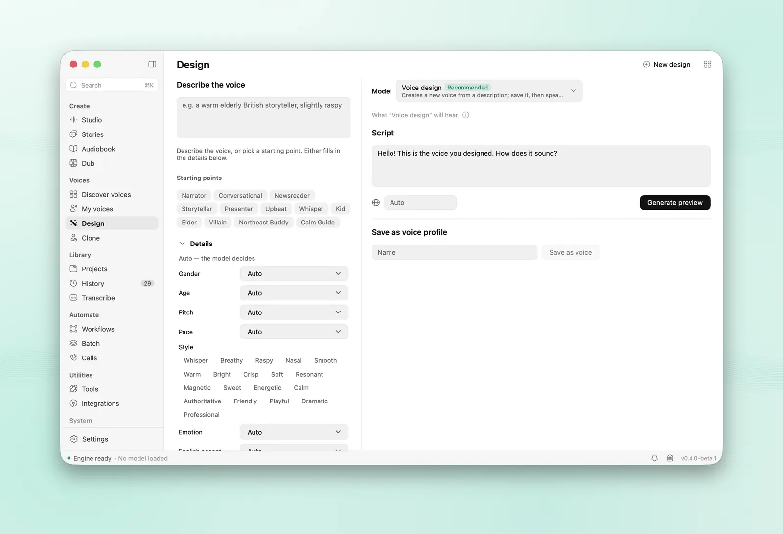Designing a voice: the description is read into gender, age and style as you type