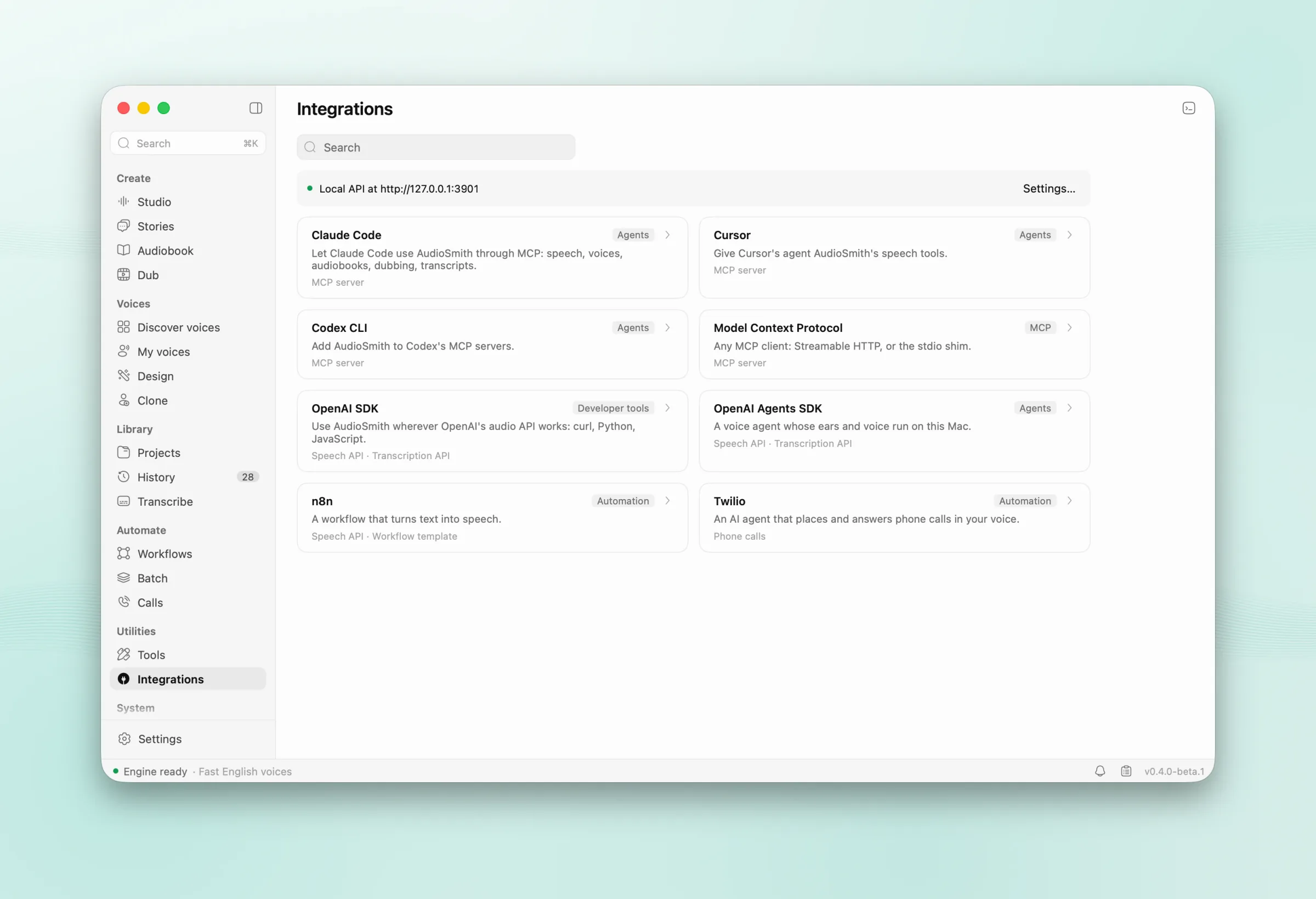 The Integrations page with a setup prompt for Claude Code