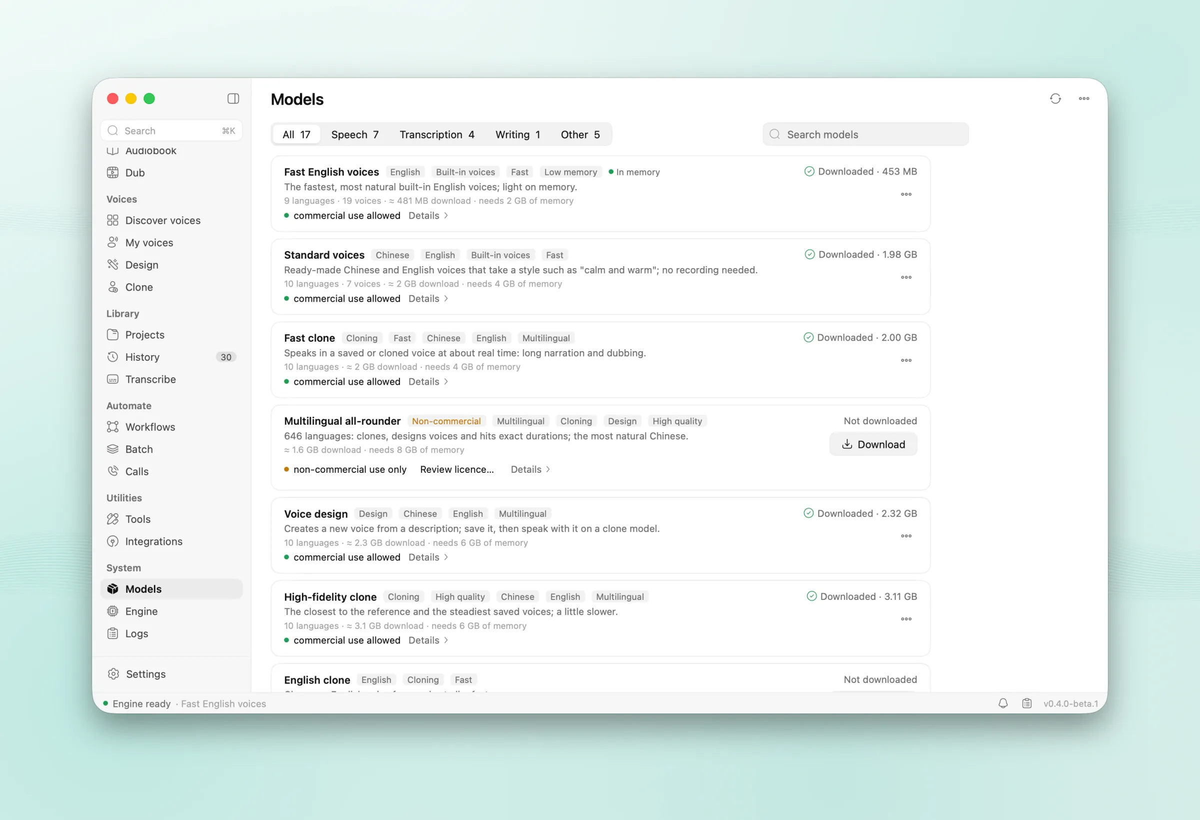 The Models page with friendly names and tags