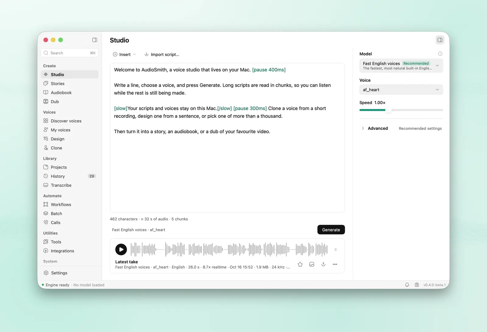Generating a take in AudioSmith's Studio