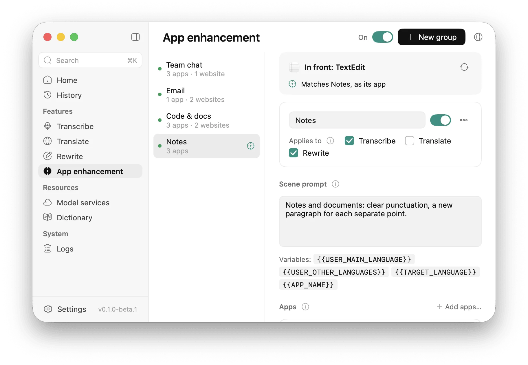 App enhancement: groups, the match for the app in front, a scene prompt