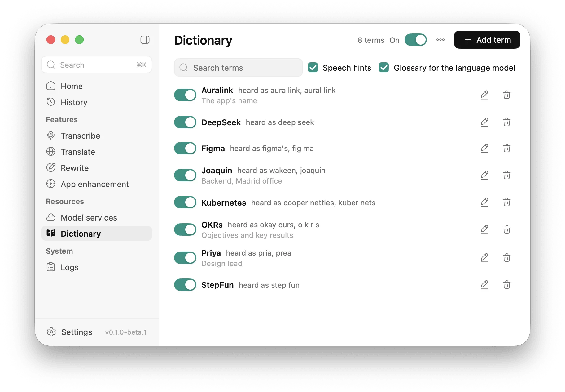 Dictionary: terms and the aliases recognition writes instead