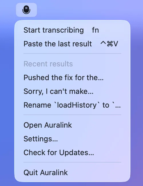 The menu bar icon's menu