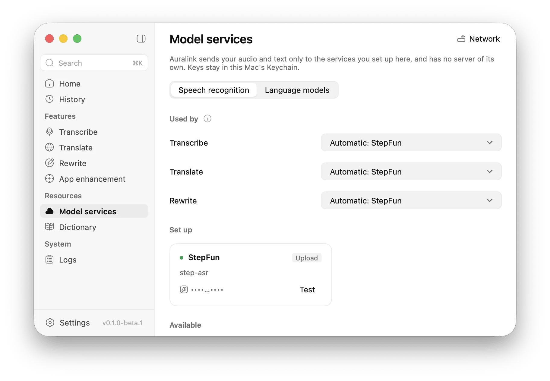 Model services: services per feature, connection tests
