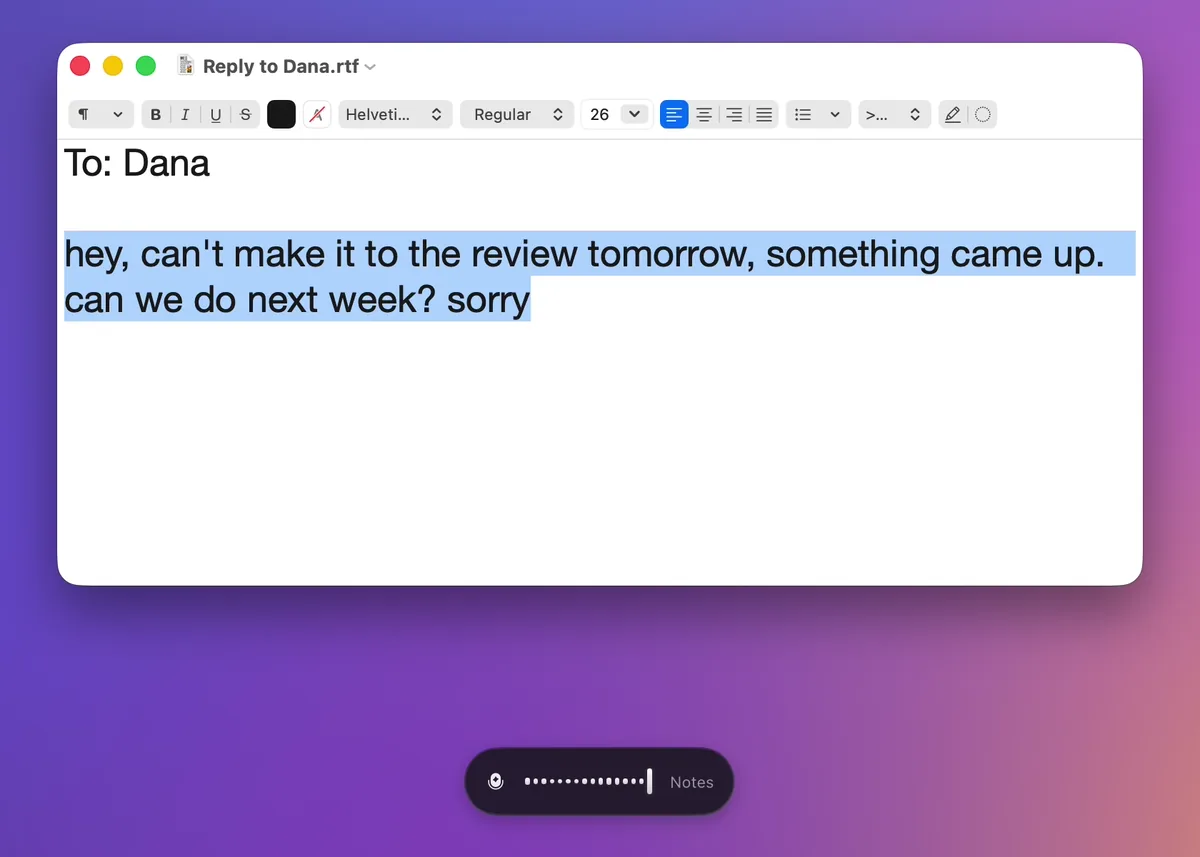 Rewrite: a note turned into an email, a follow-up, then the answer inserted