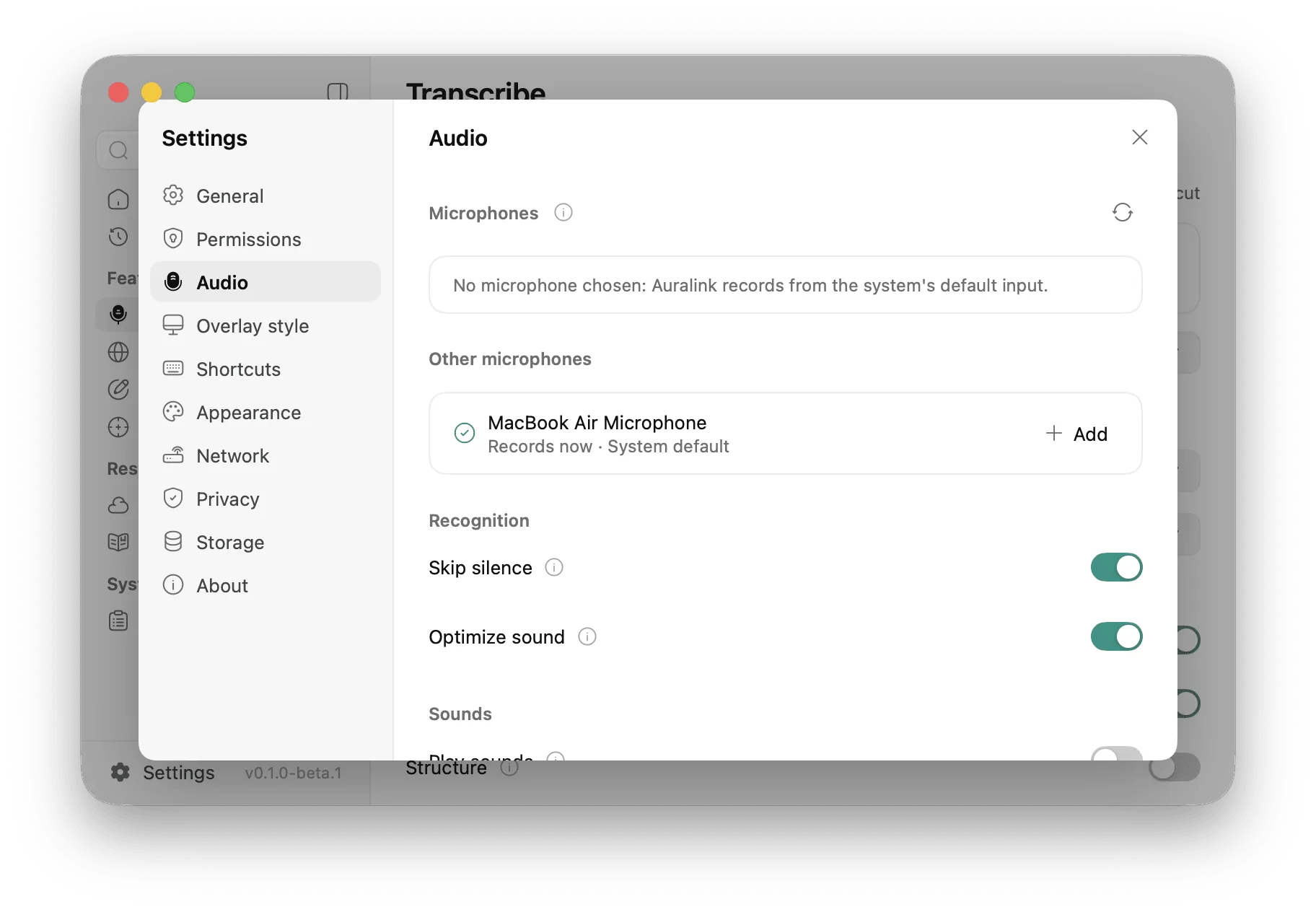 Settings → Audio: microphones, skip silence, optimize sound