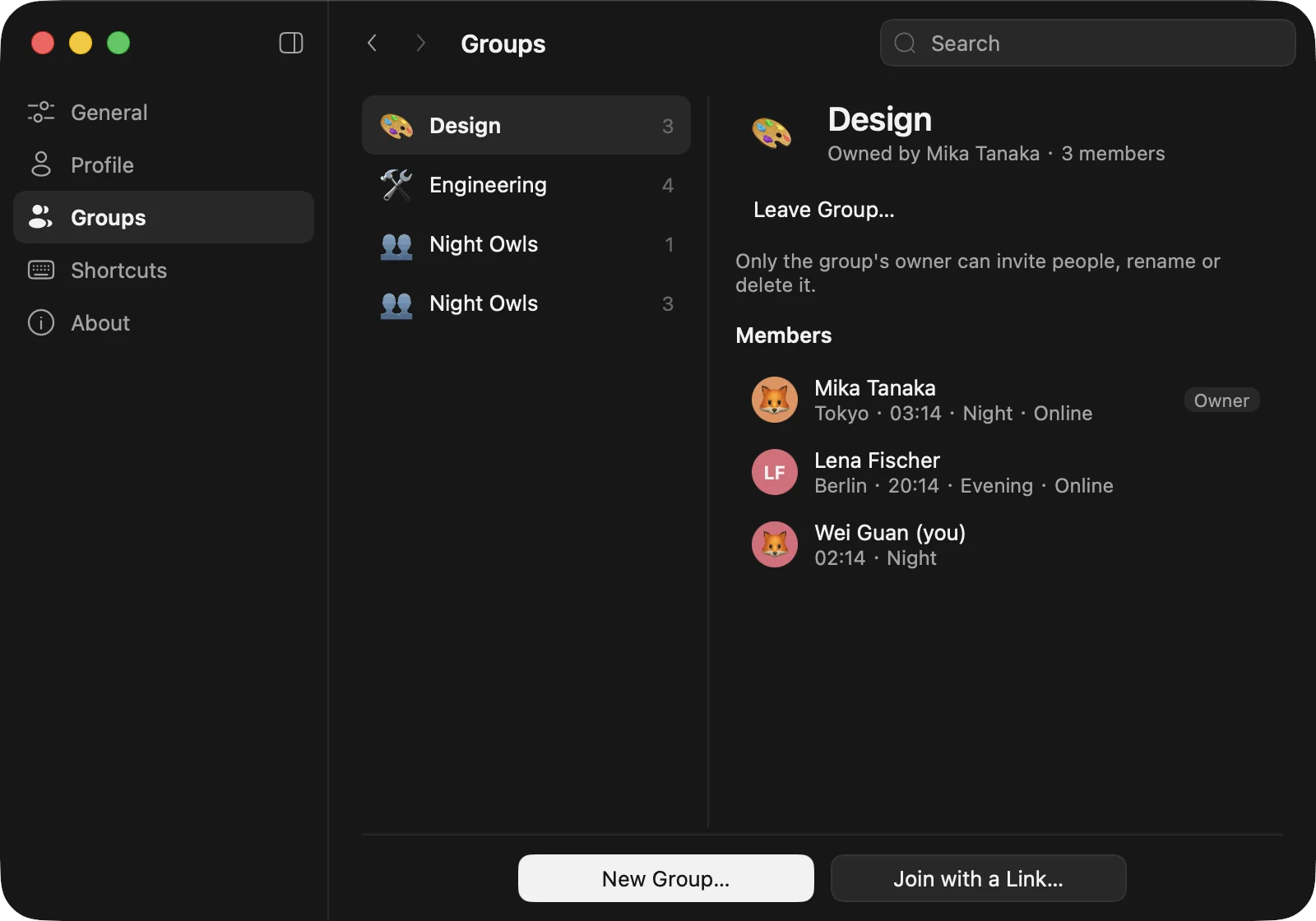 Settings → Groups: the Design group, its owner and members with their local times