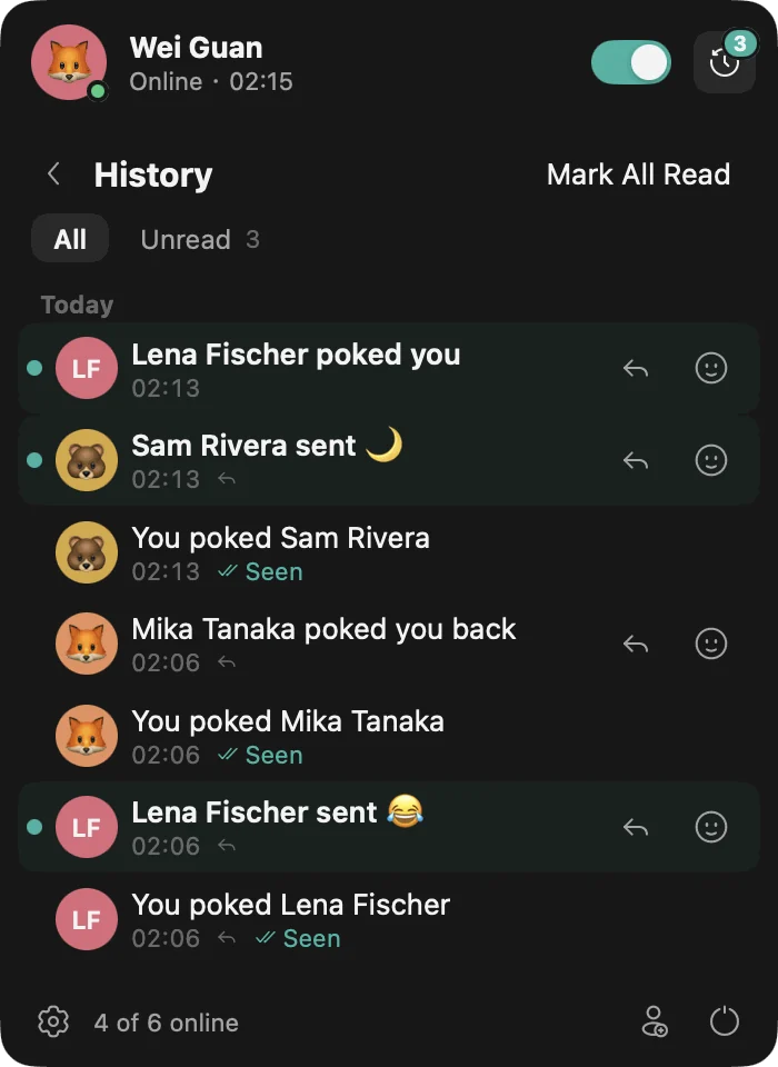 The history: pokes and emoji sent and received today, with Poke back and emoji buttons