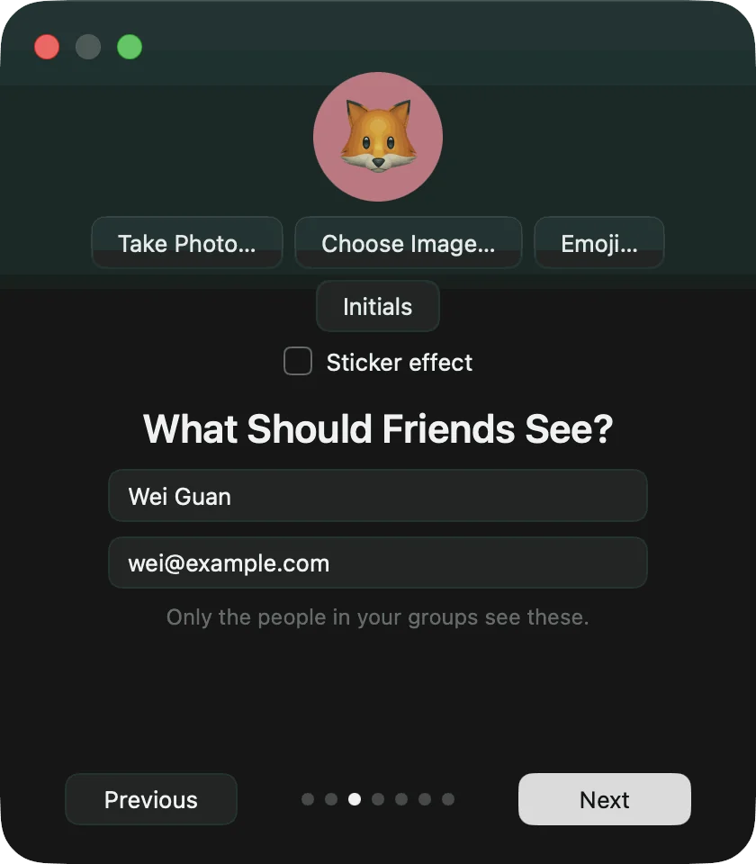 The welcome's profile page: a fox emoji avatar, the name and email fields