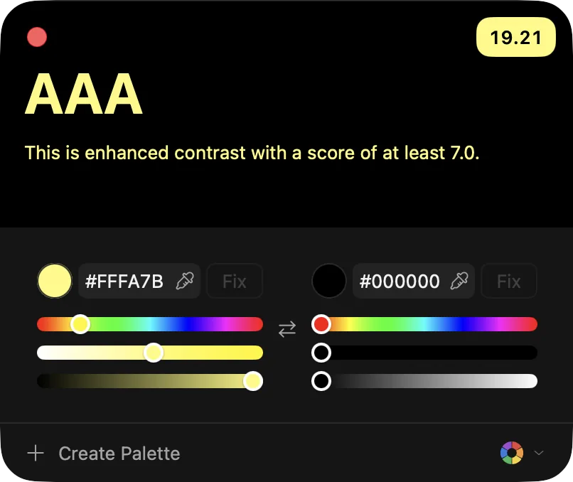 Pik's contrast checker showing AAA, 19.21:1