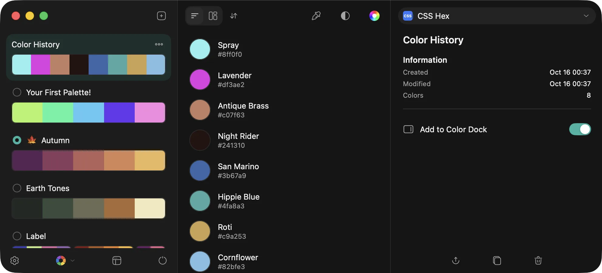 Pik's main window with Color History and palettes