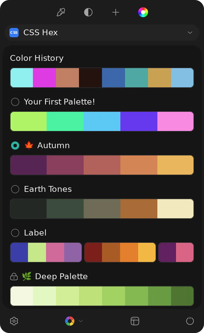 Pik's menu: the format, Color History and palettes as colour strips