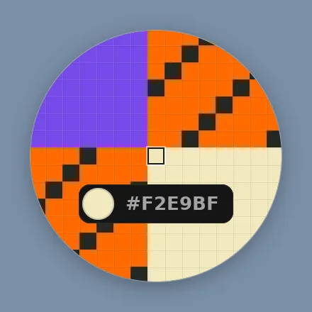 Pik's loupe over a pixel grid, showing #F2E9BF