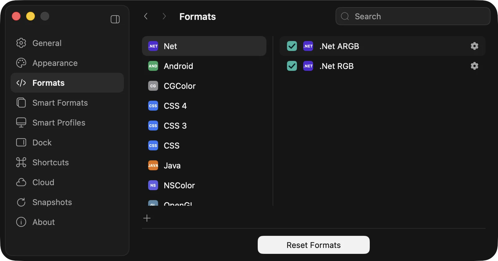 Pik's Formats preferences with .NET, Android, CGColor, CSS and more
