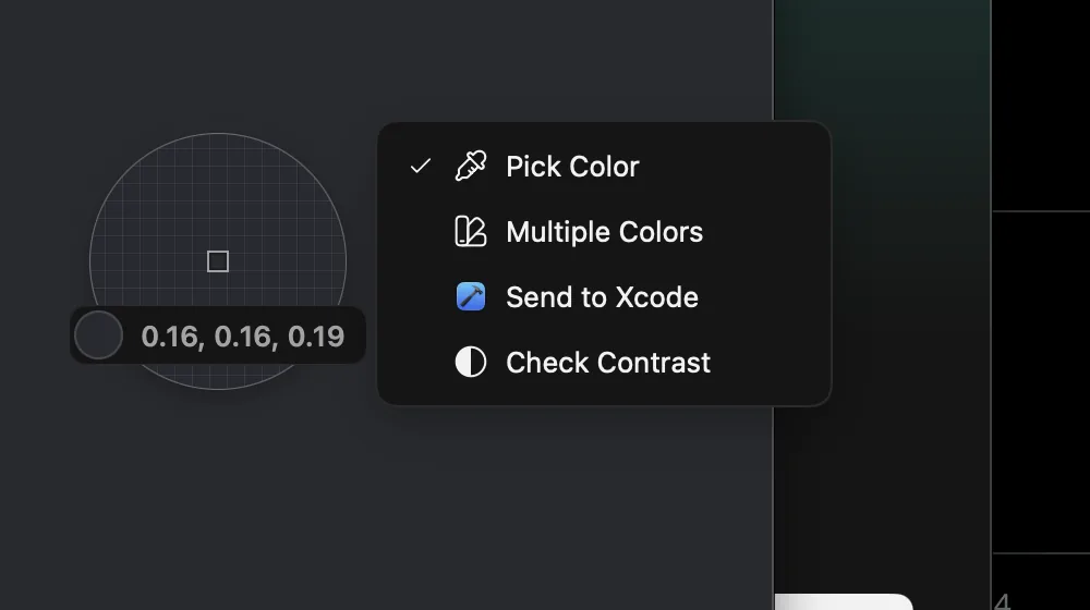 The picker's ⌘ menu with Send to Xcode